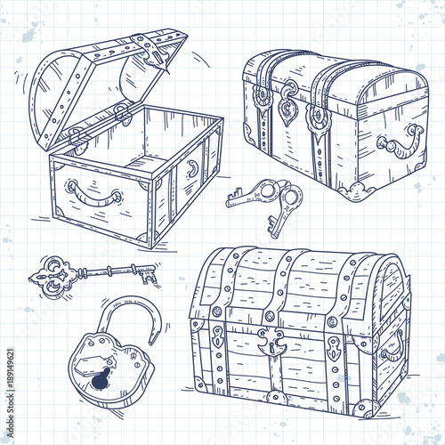 set icons old pirate chests with lock and keys