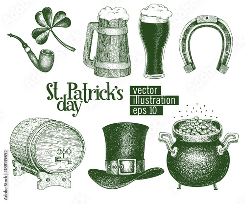 Hand drawn vector leprechaun hat, clover, beer mug, barrel, golden coin pot sketch set for St. Patrick's Day. Irish retro illustrations.