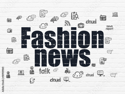 News concept  Painted black text Fashion News on White Brick wall background with  Hand Drawn News Icons