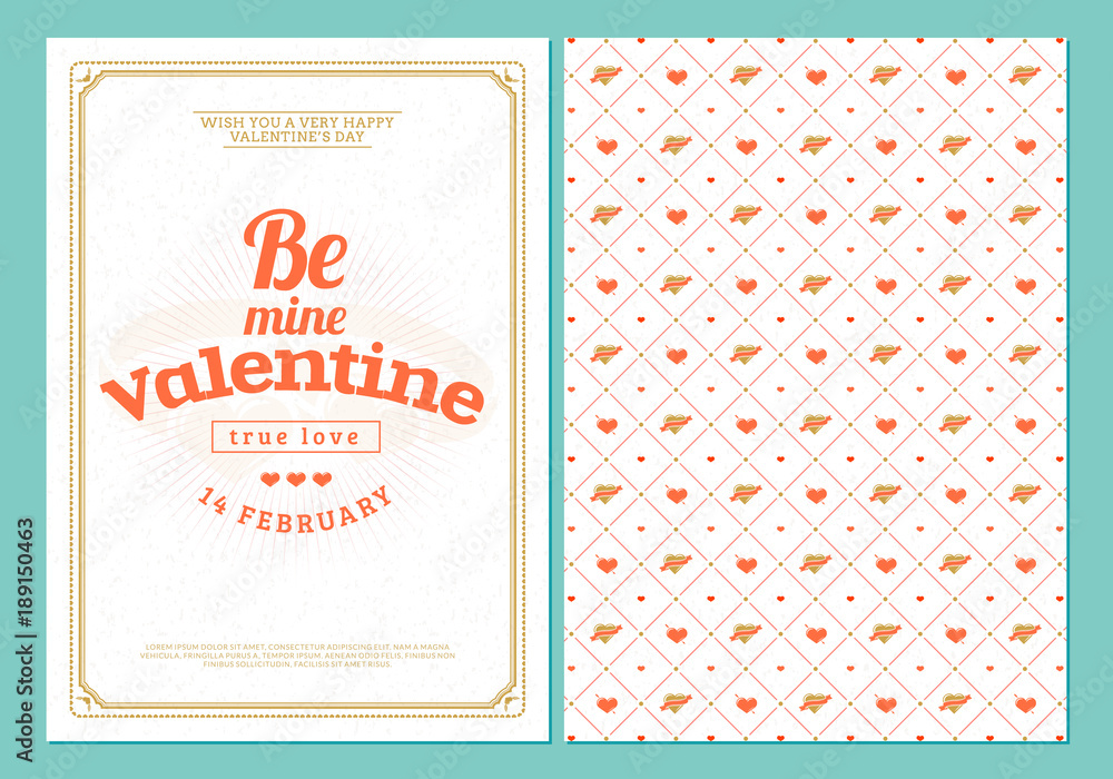 Happy Valentines Day typography greeting card. Vector design double sided template with seamless background and romantic signs Happy Valentines Day typography greeting card. Vector design double sided template with seamless background and romantic signs