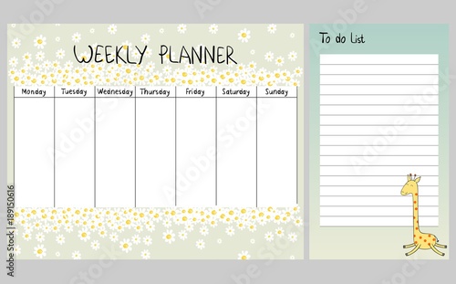Hand drawing vector weekly planner with giraffe.
