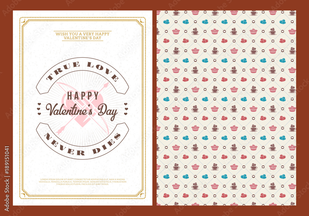 Happy Valentines Day typography greeting card. Vector design double sided template with seamless background and romantic signs Happy Valentines Day typography greeting card. Vector design double sided template with seamless background and romantic signs