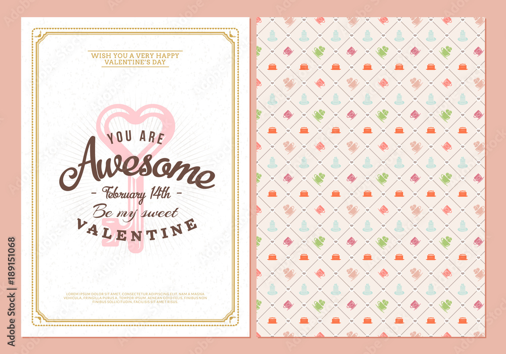 Happy Valentines Day typography greeting card. Vector design double sided template with seamless background and romantic signs Happy Valentines Day typography greeting card. Vector design double sided template with seamless background and romantic signs