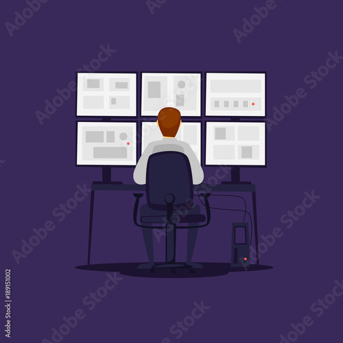 Guard monitors the monitors. Flat vector illustration in cartoon style.
