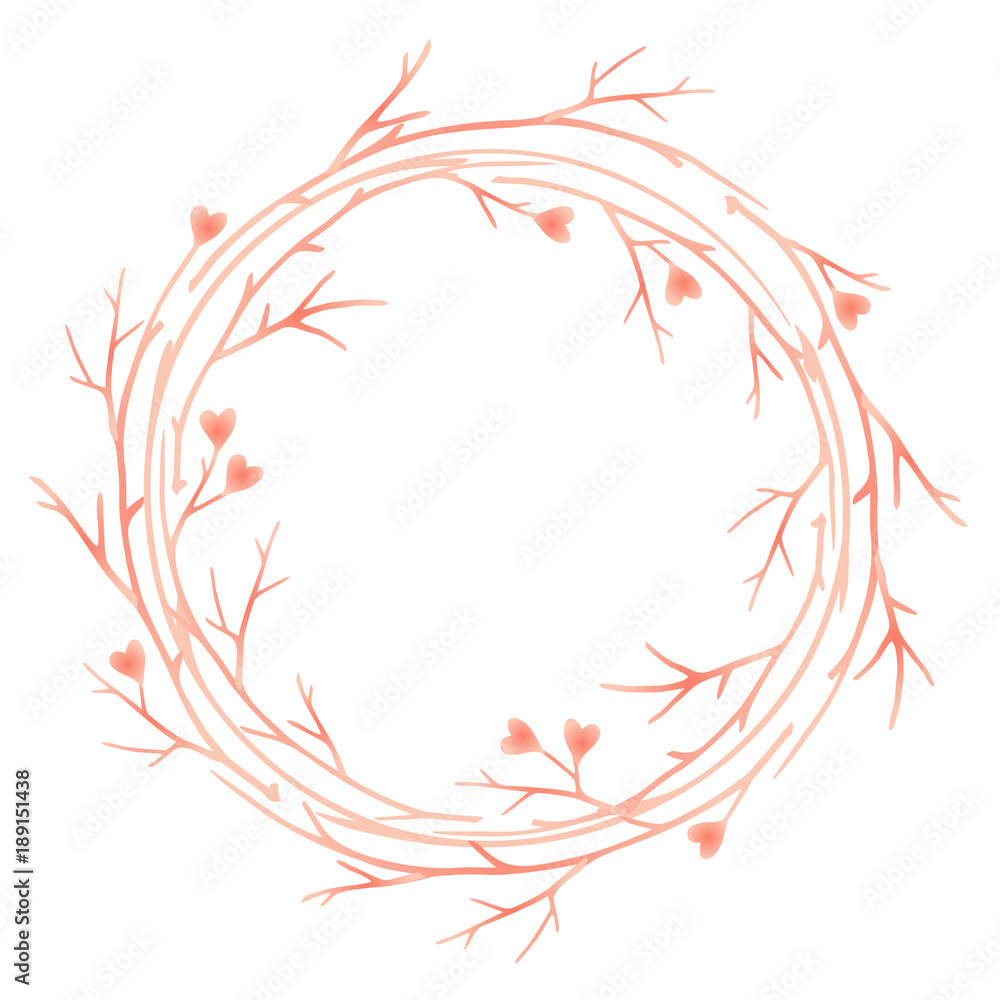 Valentine's Day card with round frame from tree branches and hearts. Soft pink color frame for valentines design. Vector illustration isolated on white background Valentine's Day card with round frame from tree branches and hearts. Soft pink color frame for valentines design. Vector illustration isolated on white background