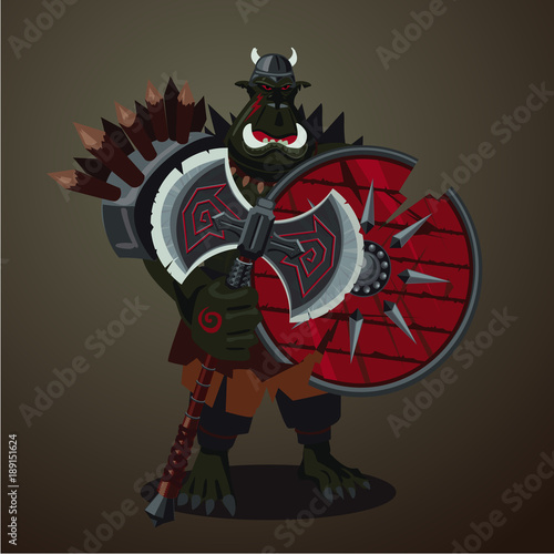 Warrior goblin. Big green angry orc with weapons. Game design character concept.
