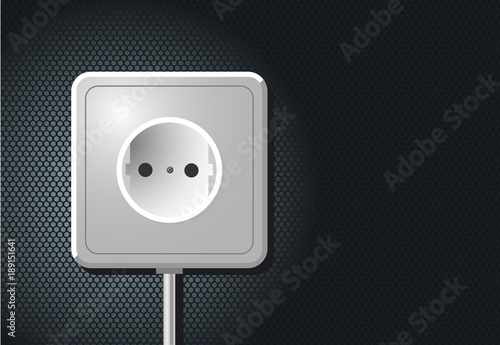 Electric european outlet on the wall. White plastic plug. Realistic illustration.