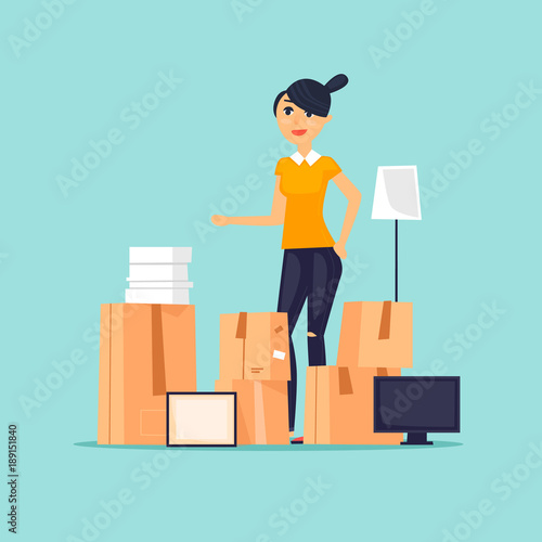 Moving, girl with boxes. Flat vector illustration in cartoon style.