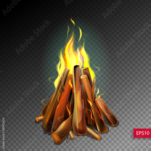 realistic burning bonfire with wood on transparence background