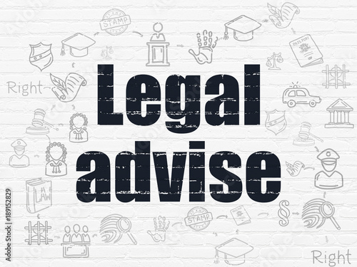 Law concept: Painted black text Legal Advise on White Brick wall background with Scheme Of Hand Drawn Law Icons