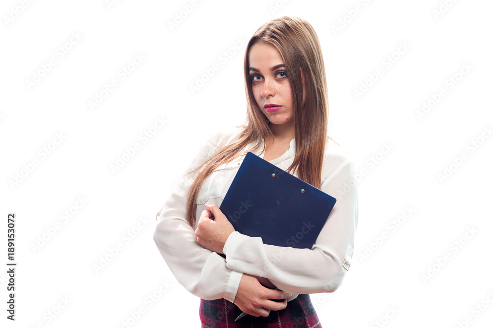 Pretty young woman looking at camera and holding folder for paper and pen on white background. Place for text Pretty young woman looking at camera and holding folder for paper and pen on white background. Place for text