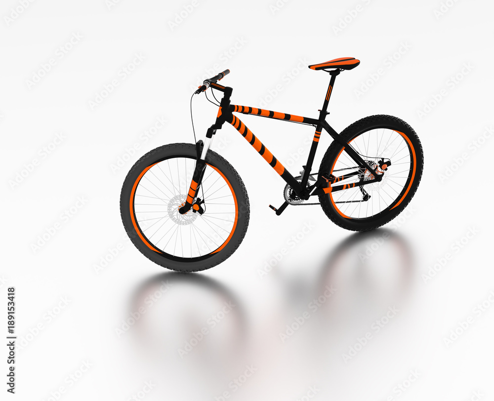 White reflecting floor with a Left Side of an Orange and Black Mountain Bike