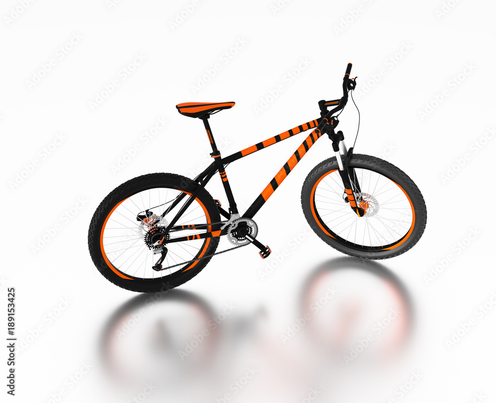 Fototapeta premium White reflecting floor with a Right Side of an Orange and Black Mountain Bike