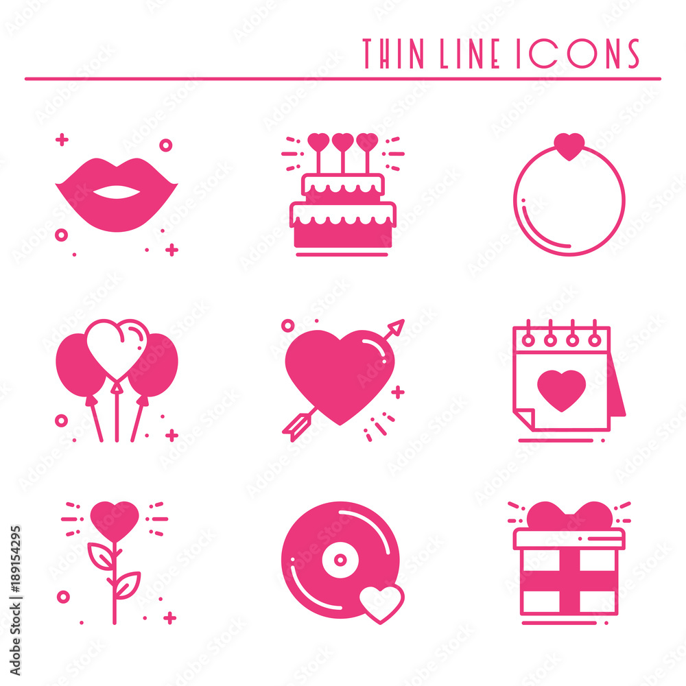Love line icons set. Happy Valentine day pink silhouette signs and symbols. Love, couple, relationship, dating, wedding, holiday, romantic amour theme. Heart, lips, gift.