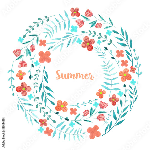 Watercolor simple summer red flowers and blue branches floral wreath, hand painted on a white background