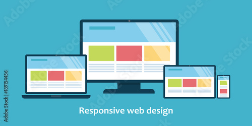 Illustration of devices with different view one web page. For demonstration responsive web design