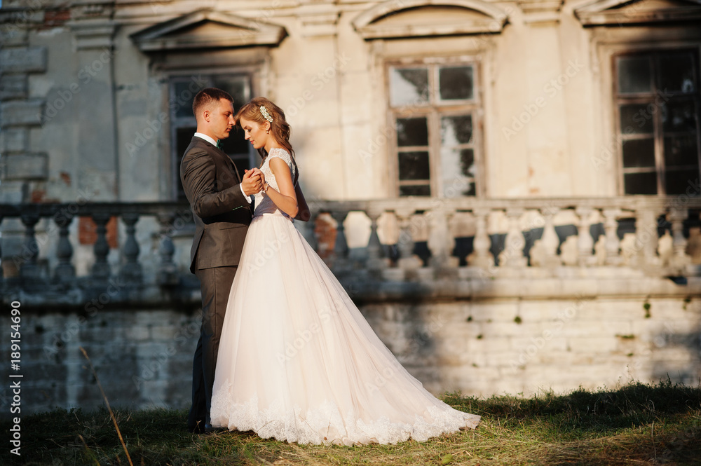 Fabulous wedding couple posing in front of an old medieval castle in the countryside on a sunny day.