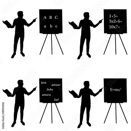 Young sexy school teacher with book in front of the school board in different school subjects silhouette, one in the series of similar images