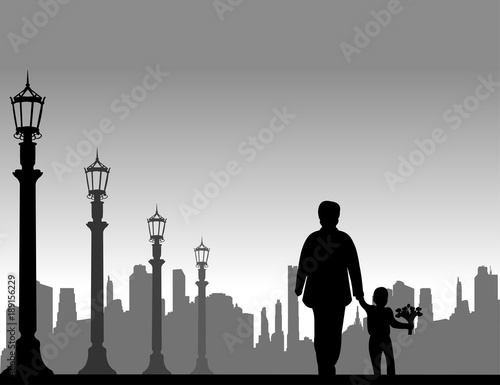 Grandma walks with a grandson with flowers in the street, one in the series of similar images silhouette