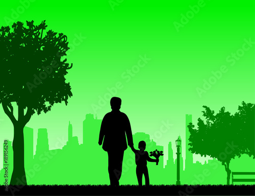 Grandma walks with a grandson with flowers in the park, one in the series of similar images silhouette
