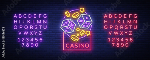 Casino is a neon sign. Neon logo, emblem gambling, bright banner, neon casino advertising for your projects. Night light billboard, design element. Vector illustration. Editing text neon sign