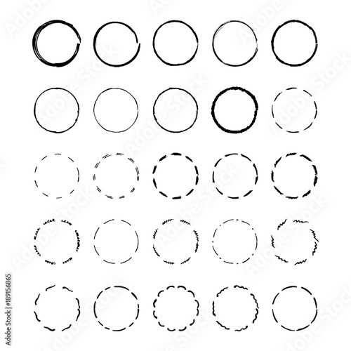 Set of round frames for logo. Painted by a marker. Wavy, dashed, dotted black lines.