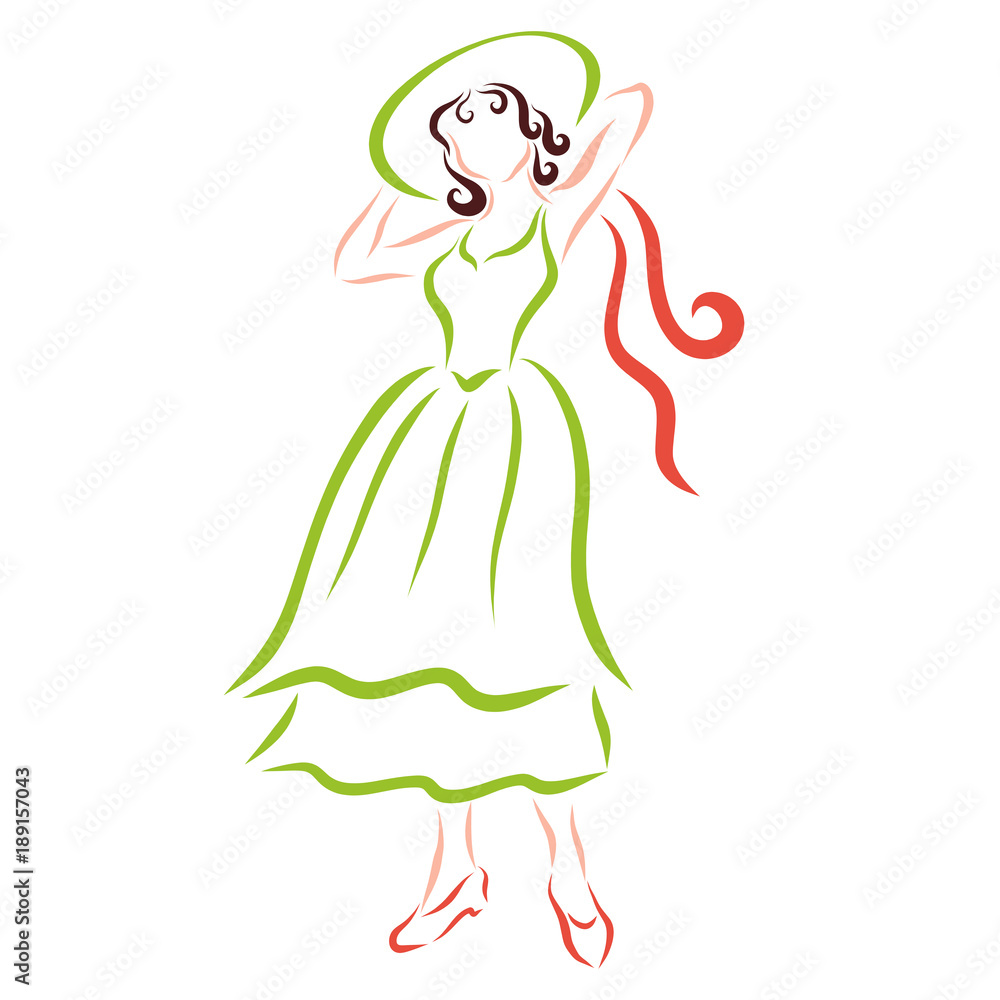 Young beautiful brunette in green summer dress and hat Young beautiful brunette in green summer dress and hat