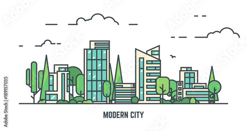 City with buildings and skyscrapers and trees. Flat style line vector illustration. Business city center with modern houses. Green park in center of town. Clouds and sky. Park and smart city concept.