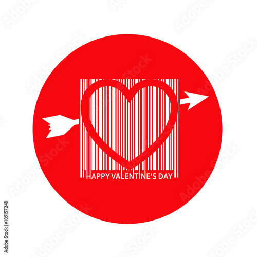 Icono plano codigo de barras HAPPY VALENTINES DAY con corazon circulo rojo
