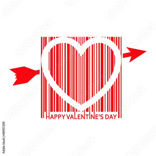 Icono plano codigo de barras HAPPY VALENTINES DAY con corazon rojo en fondo blanco