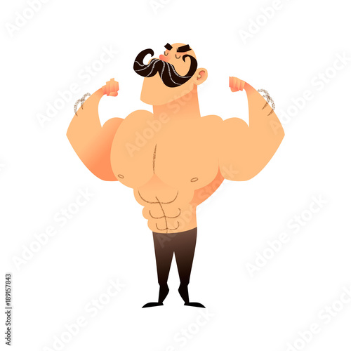 Cartoon muscular brutal man with a mustache. Funny athletic guy. Bald man proudly shows his muscles in strong arms. Vector flat illustration of an athlete or circus performer. Strong character with