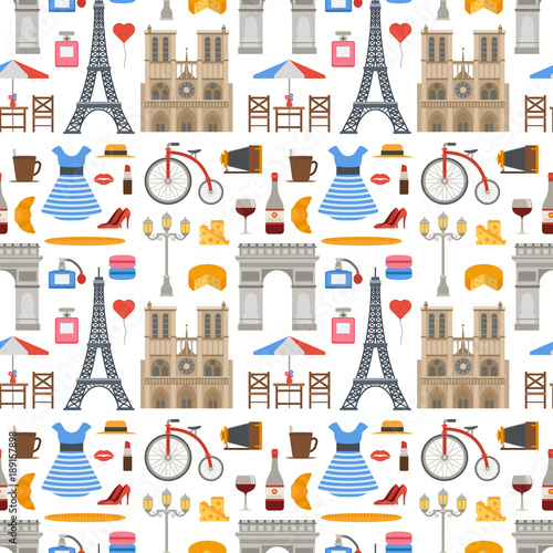 Paris vector famous travel cuisine traditional modern france culture europe eiffel fashion design architecture seamless pattern background illustration.