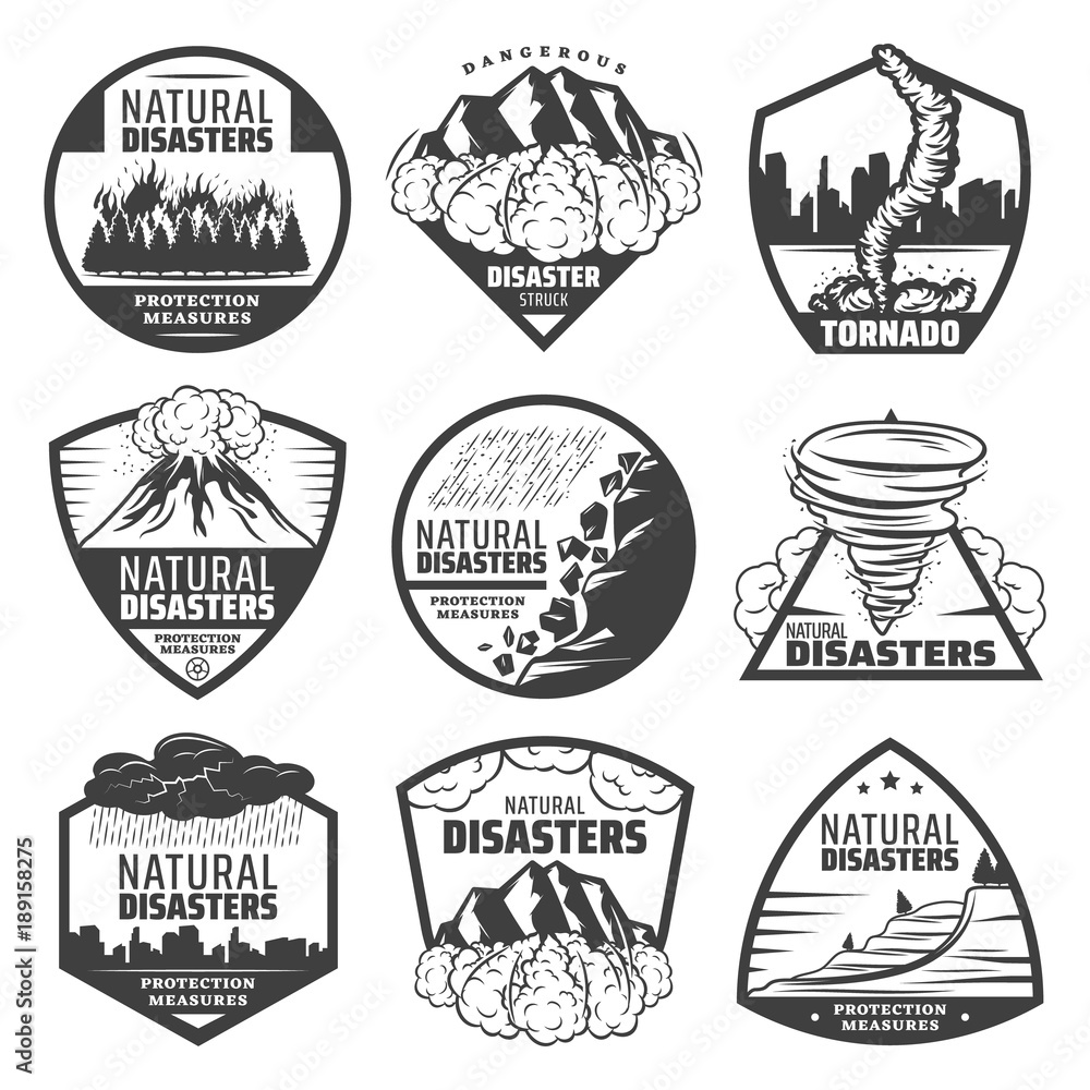 Vintage Monochrome Natural Disaster Labels Set