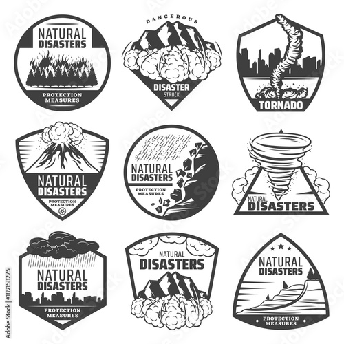 Vintage Monochrome Natural Disaster Labels Set