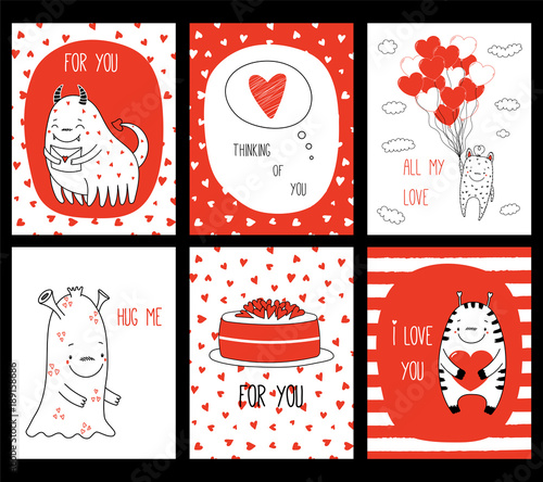Set of hand drawn Valentines day greeting cards templates with cute funny cartoon monsters and romantic quotes, in black, white, red. Ready to use. Design concept for children. Vector illustration.
