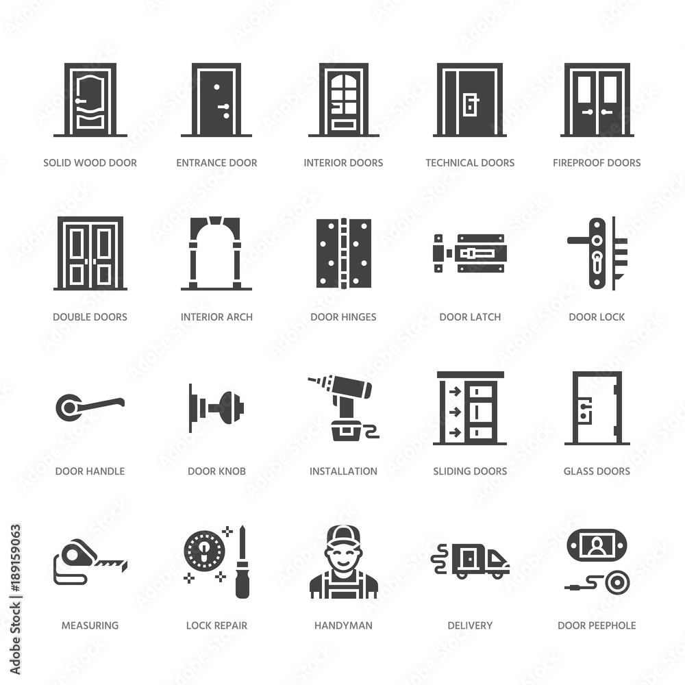Doors installation, repair flat glyph icons. Various door types, handle, latch, lock, hinges. Interior design solid signs for house decor shop, handyman service. Doors installation, repair flat glyph icons. Various door types, handle, latch, lock, hinges. Interior design solid signs for house decor shop, handyman service.