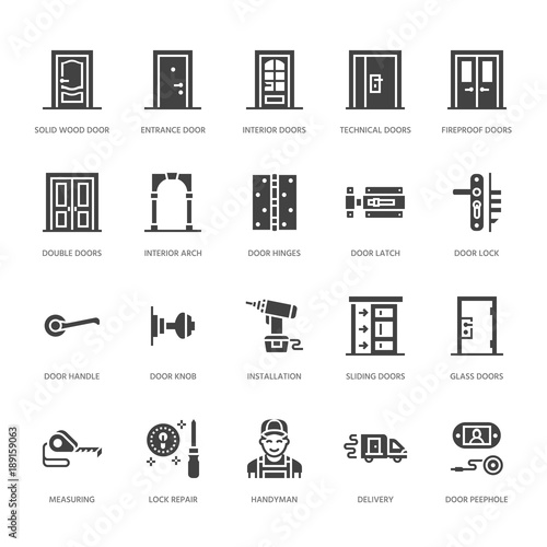 Doors installation, repair flat glyph icons. Various door types, handle, latch, lock, hinges. Interior design solid signs for house decor shop, handyman service.