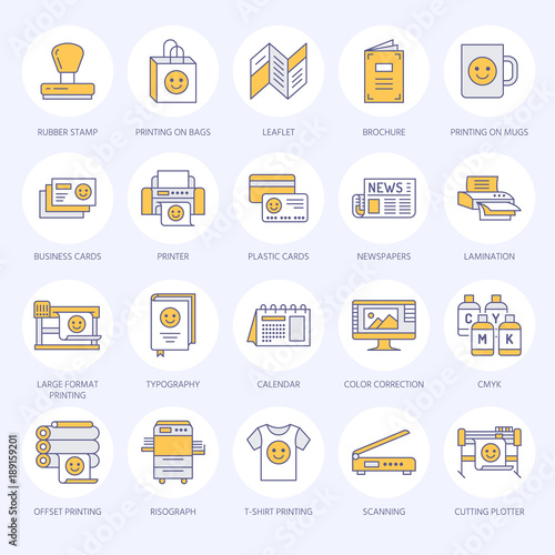 Printing house flat line icons. Print shop equipment - printer, scanner, offset machine, plotter, brochure, rubber stamp. Thin linear signs for polygraphy office, typography.
