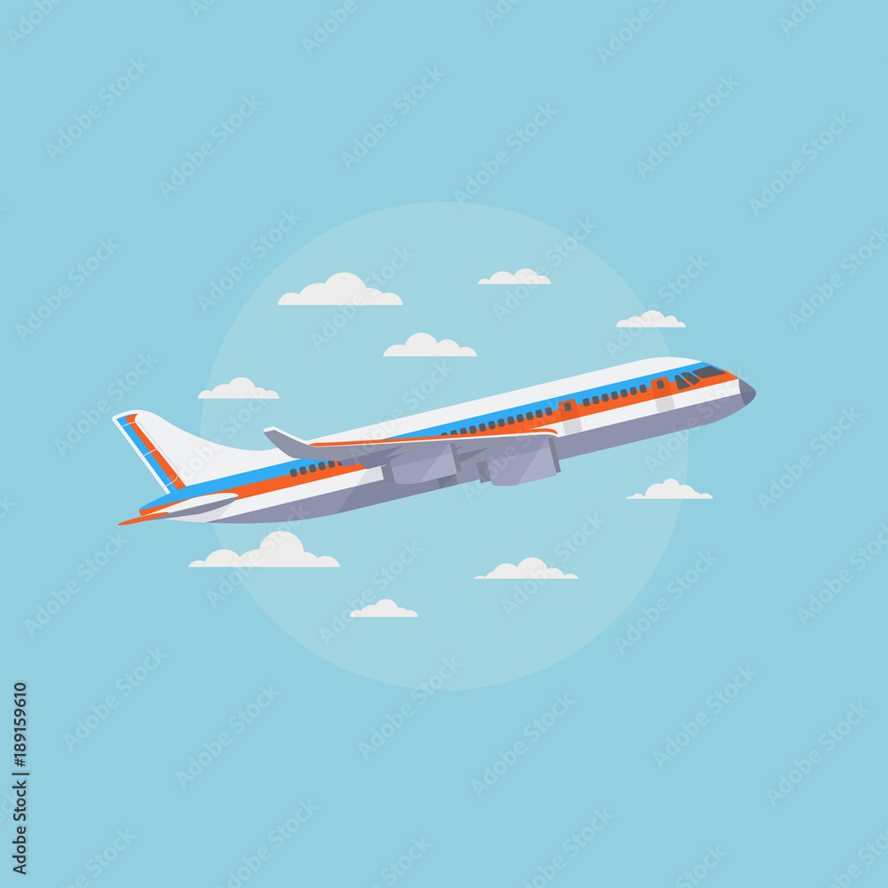 Airplane in blue sky with white clouds. Traveling and air freight vector concept