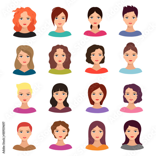 Woman with different hairstyle. Beautiful young female faces vector avatar set © MicroOne