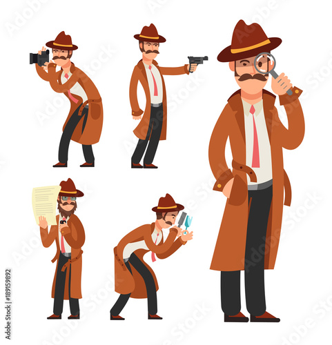 Cartoon private detective. Police inspector vector character set