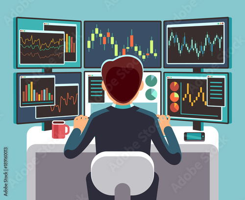 Fotografering Stock market trader looking at multiple computer screens with financial and market charts