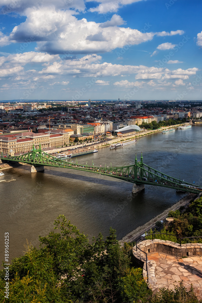Budapest City From Gellert Hill At Danube River In Hungary