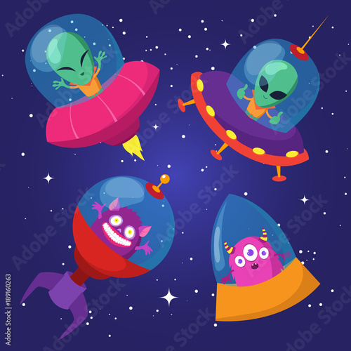 Cartoon funny aliens with ufo in duck starry sky vector set