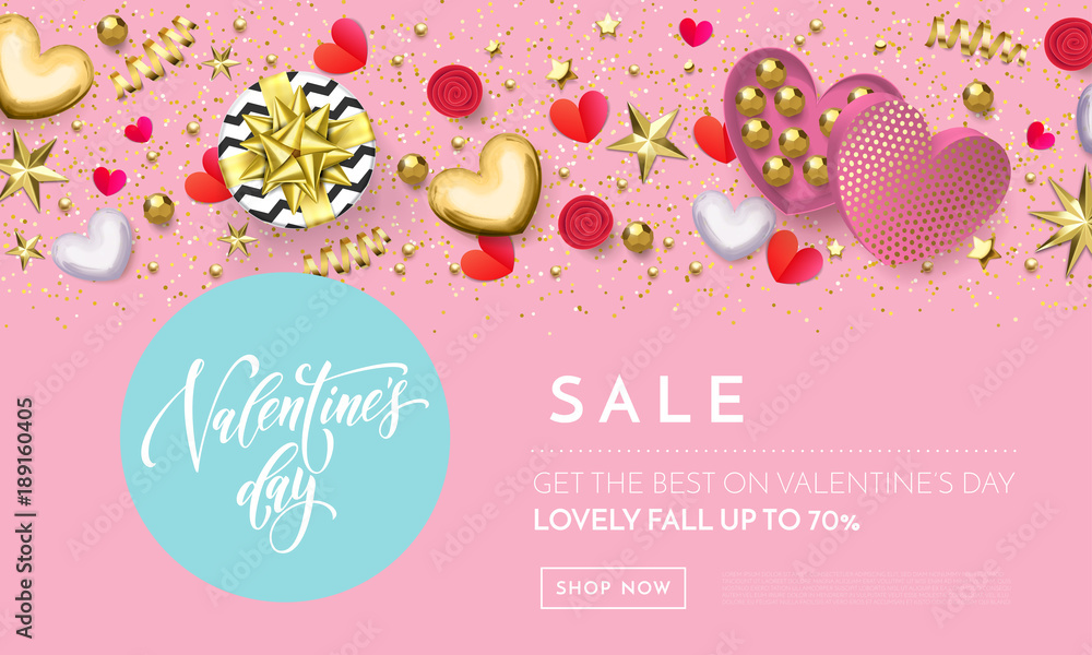 Valentines day sale web banner background of pink hearts and gold glitter confetti or flower pattern. Vector Valentine shopping poster of glittering gold design template for holiday discount store Valentines day sale web banner background of pink hearts and gold glitter confetti or flower pattern. Vector Valentine shopping poster of glittering gold design template for holiday discount store