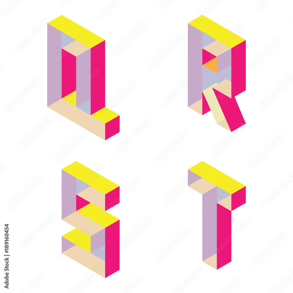 Bright isometric font with transparent parts. English letters Q R S T isolated on white good for lettering and design Bright isometric font with transparent parts. English letters Q R S T isolated on white good for lettering and design