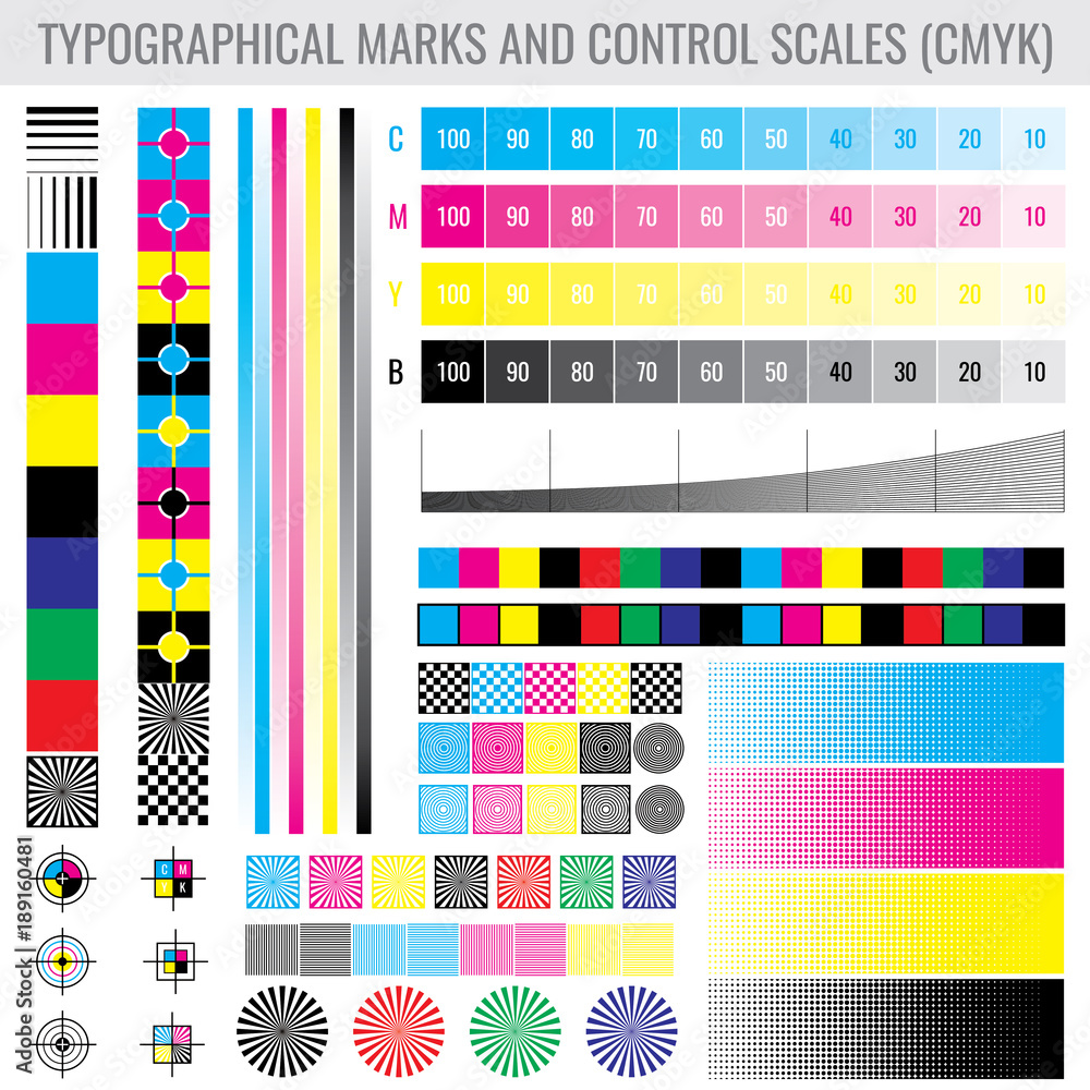 CMYK press print marks and colour tone gradient bars for printer test ...