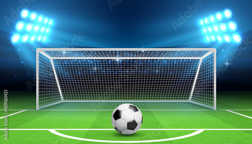 Soccer football championship vector background with sports ball and goals. Penalty kick concept