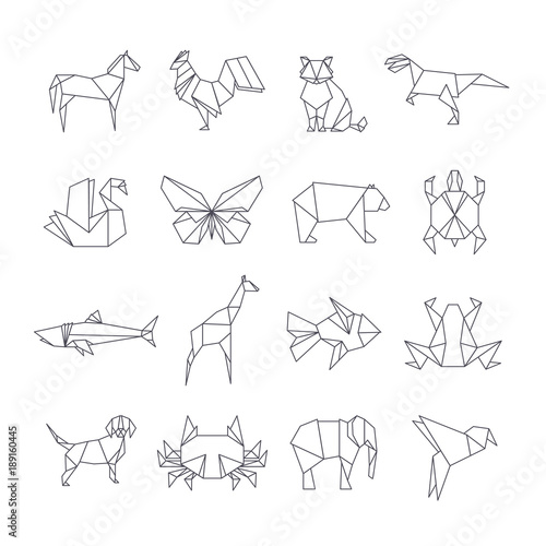 Japanese origami paper animals vector line icons