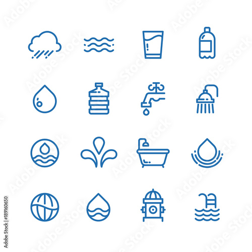 Crystal clean water drops, fresh drinks and hygiene line vector icons